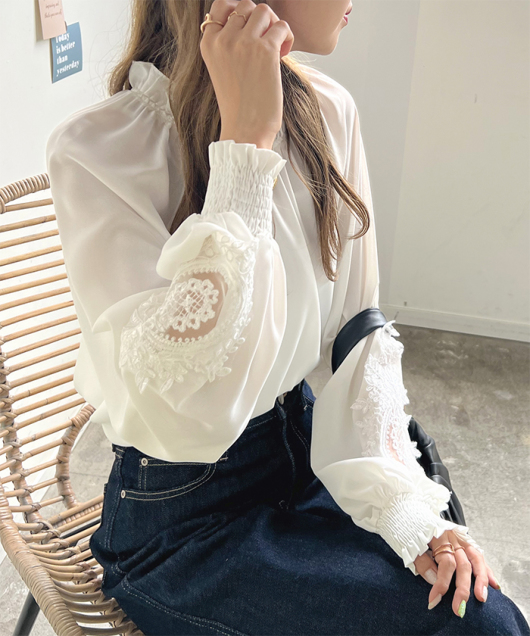美品 TICCA 2,8万円 レースバルーンスリーブブラウス ティッカ ブルー TICCA (ティッカ) バルーンスリーブブラウス