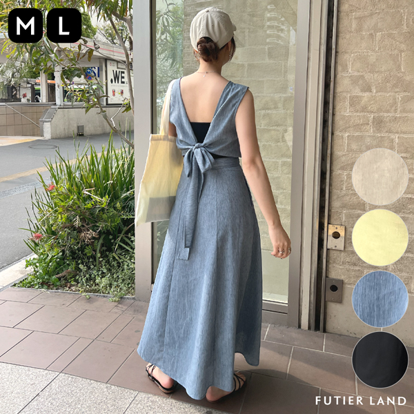【LOISIR】バックリボンリネンワンピース/ブラック リネンライクバックリボンセミマーメイドワンピース[品番