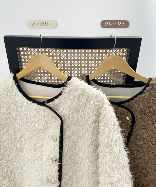 配色パイピングノーカラーボアコート アウター Futier